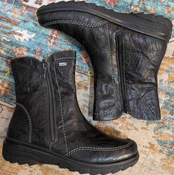 Rieker Shoes - Rieker Double Side Zip Black Leather Lambswool Boots 38 Contrast Stitch